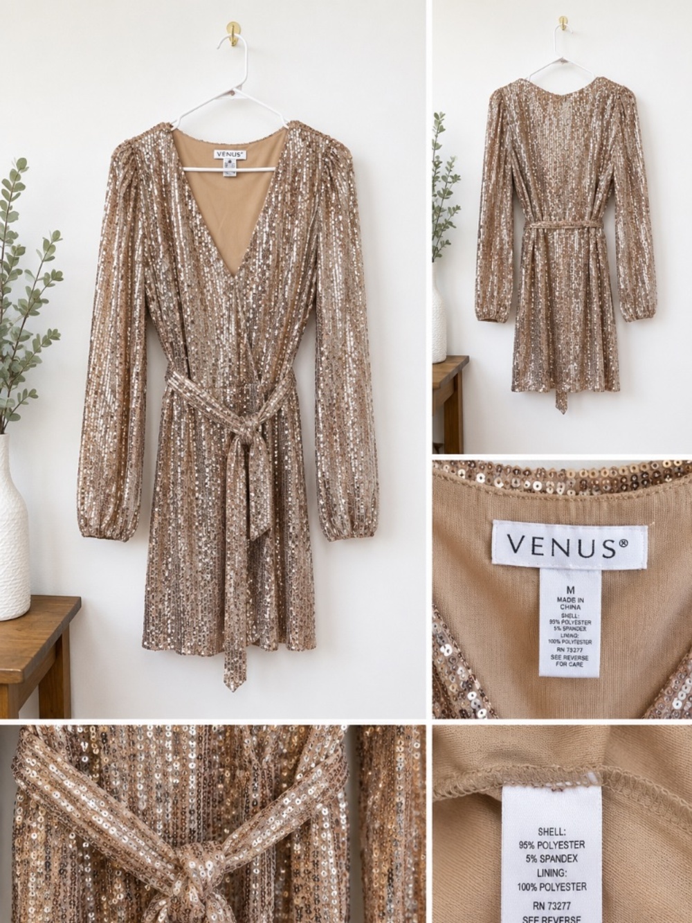 VENUS Champagne Gold Sequin Wrap Dress